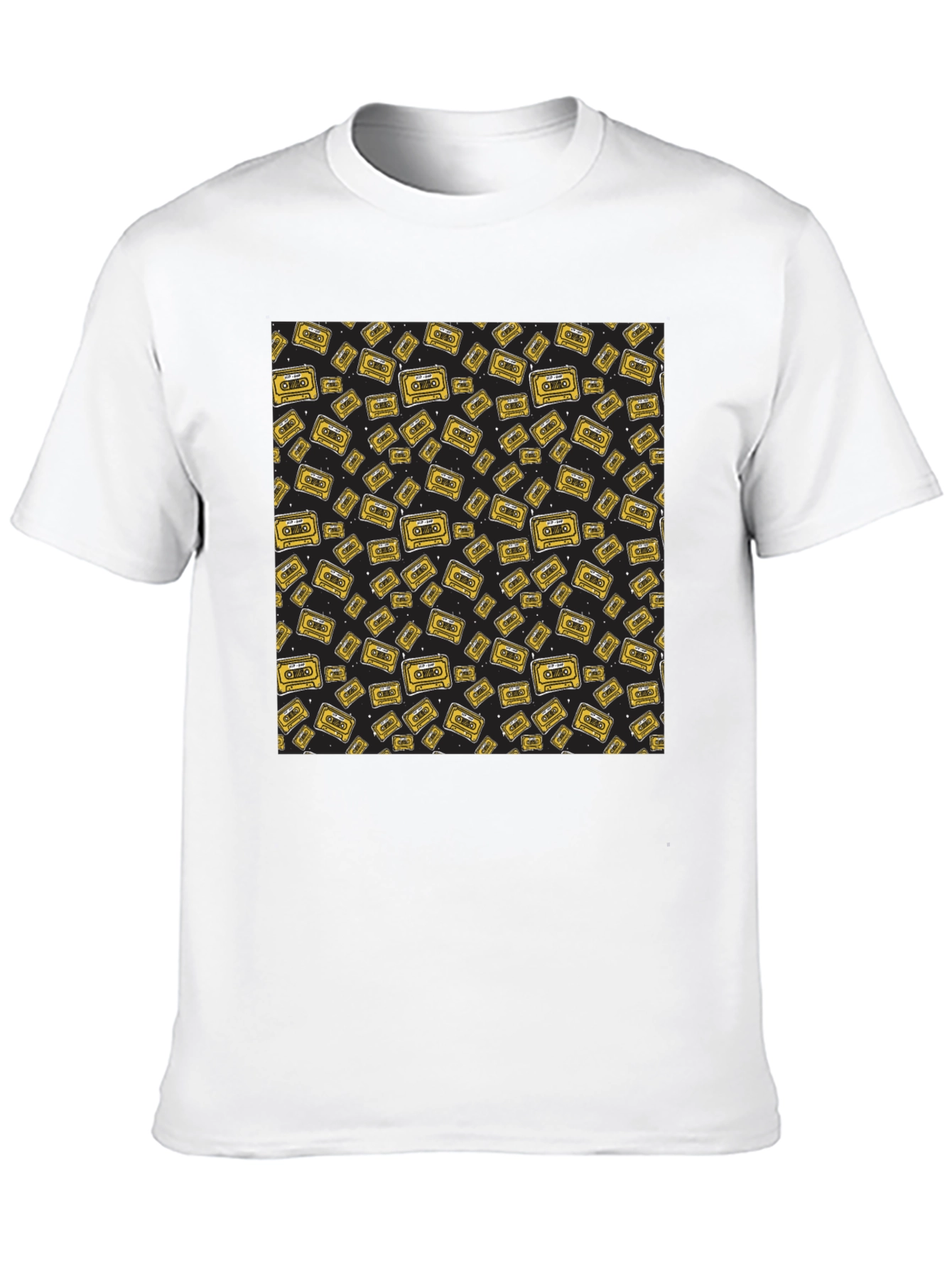 Retro Cassette Tape Pattern Black T-Shirt