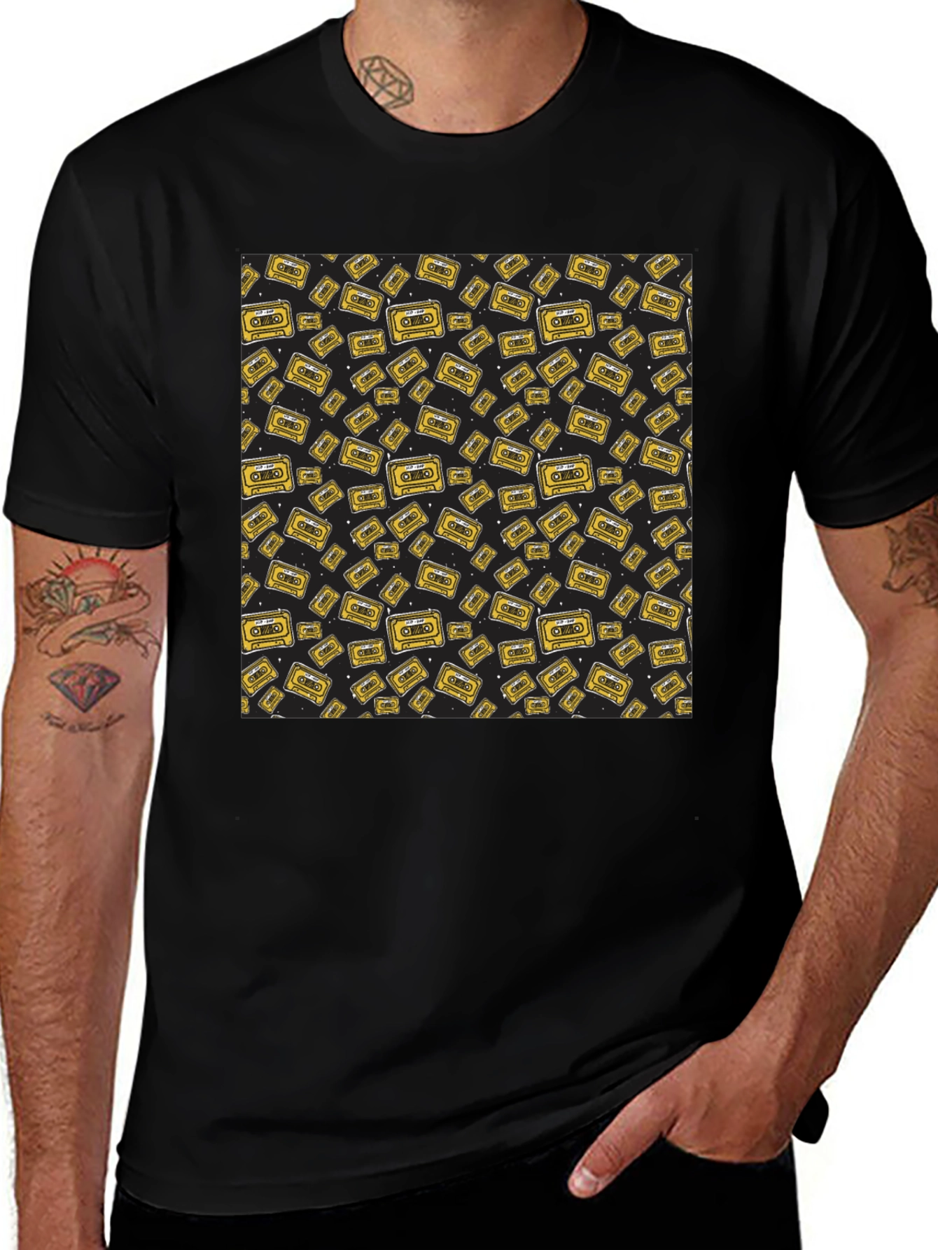 Retro Cassette Tape Pattern Black T-Shirt