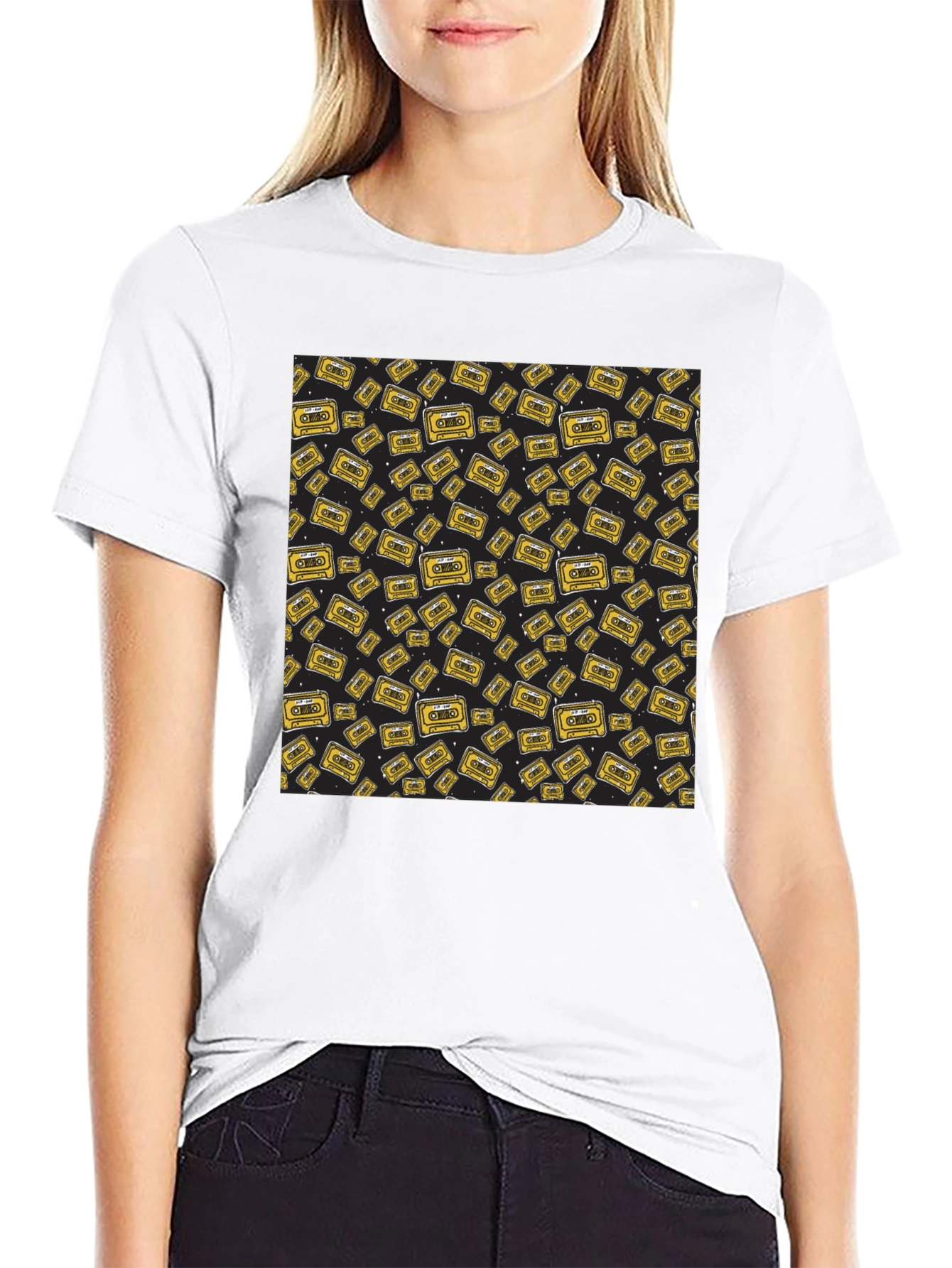 Retro Cassette Tape Pattern Black T-Shirt