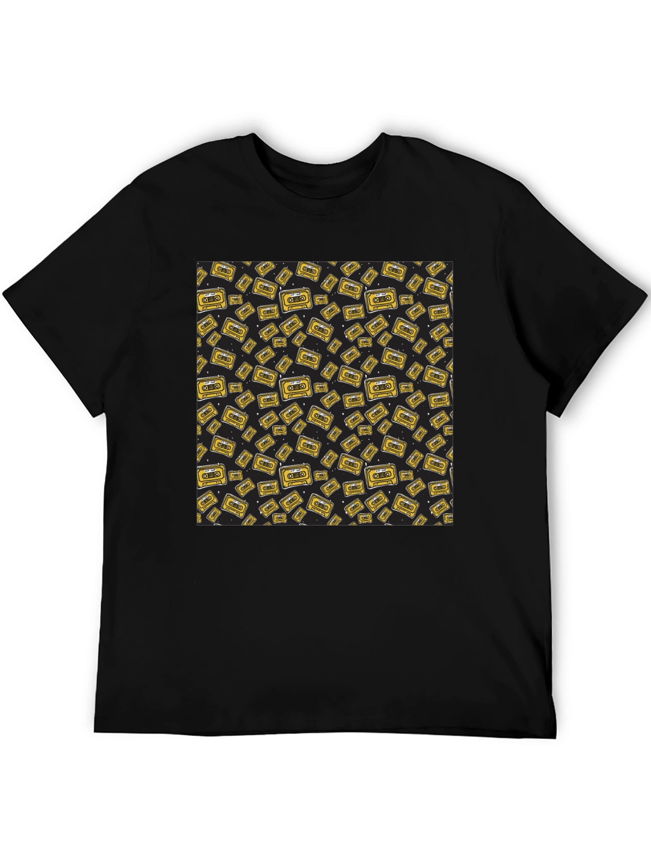 Retro Cassette Tape Pattern Black T-Shirt