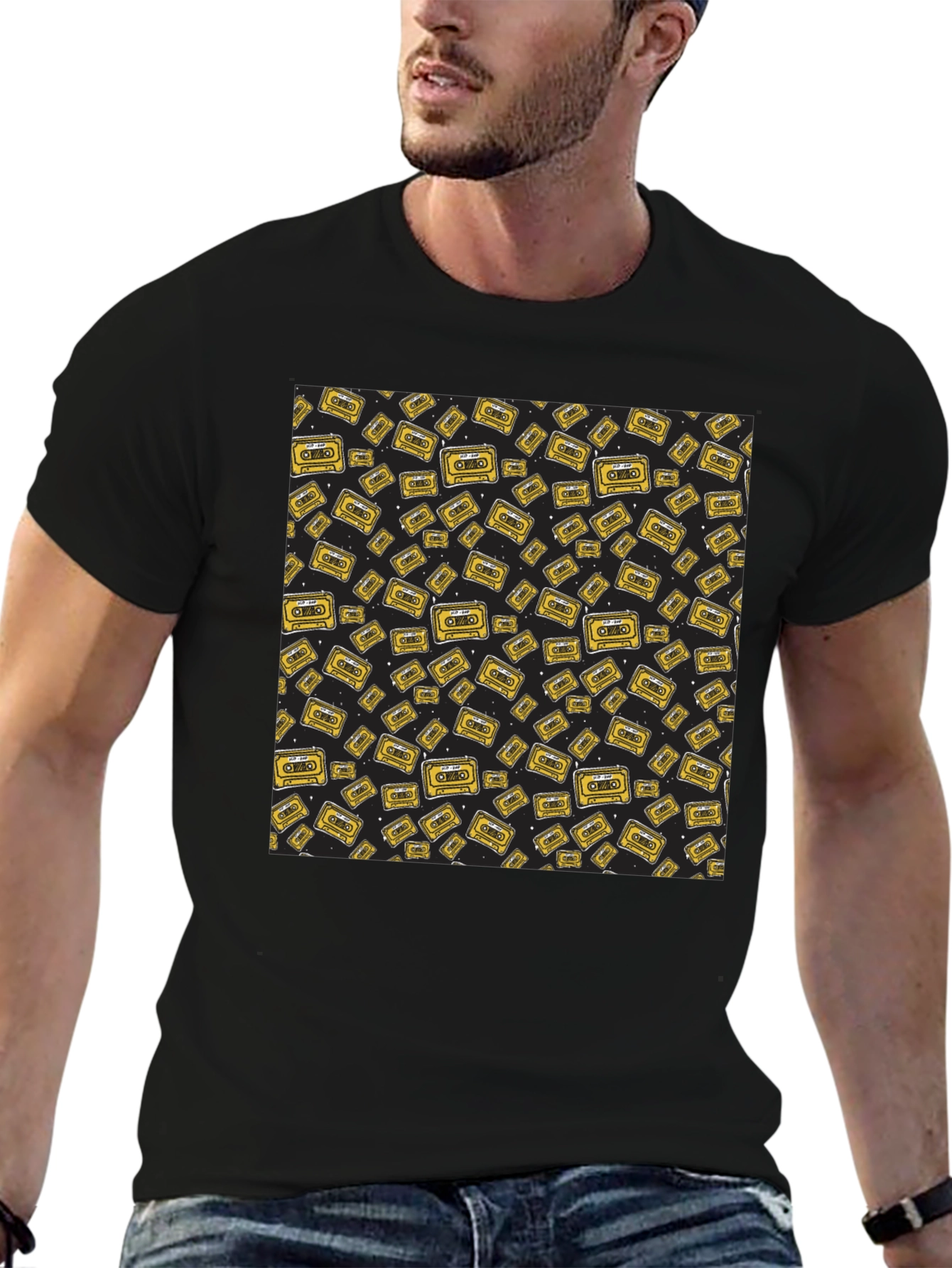 Retro Cassette Tape Pattern Black T-Shirt