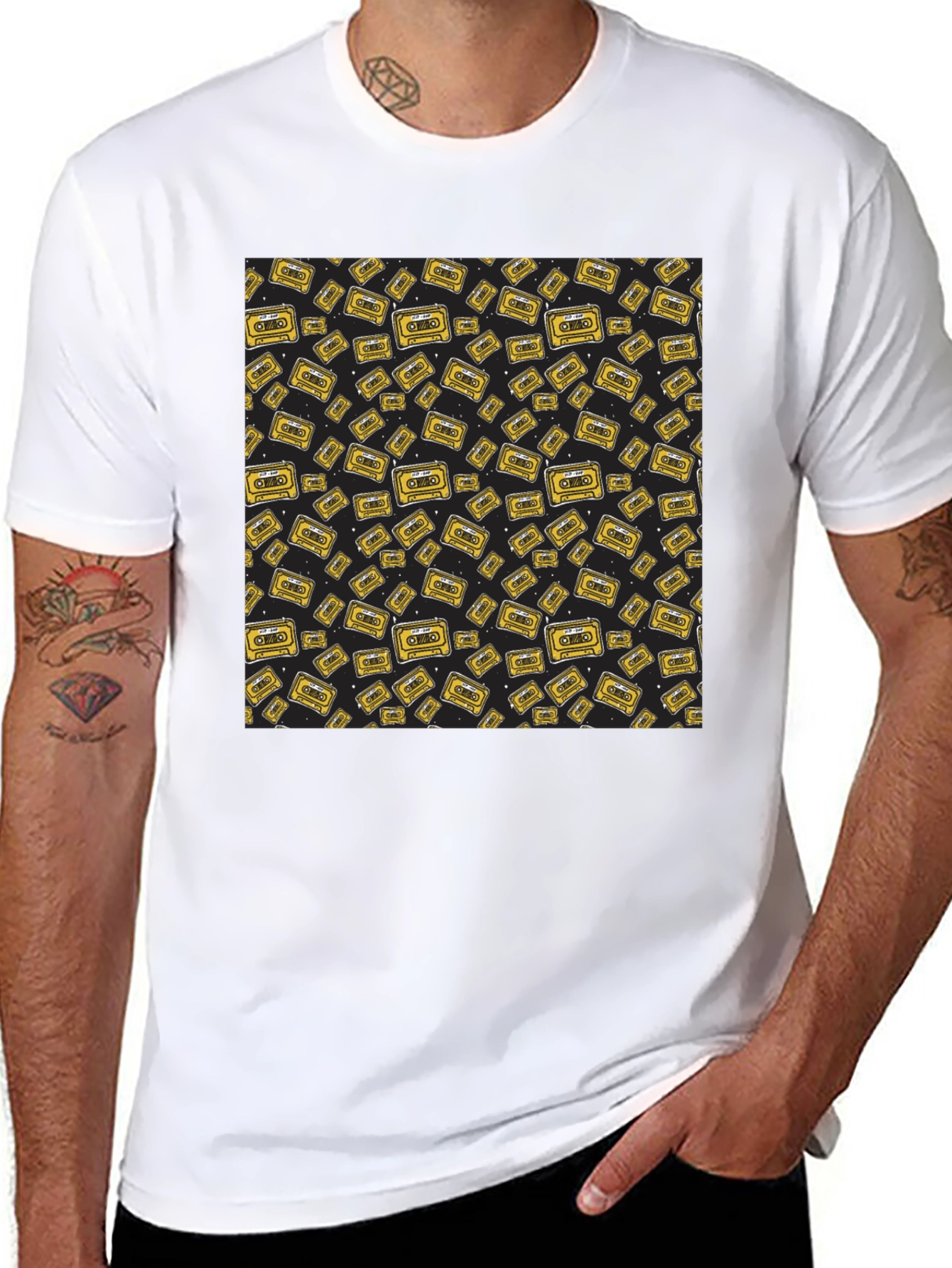 Retro Cassette Tape Pattern Black T-Shirt