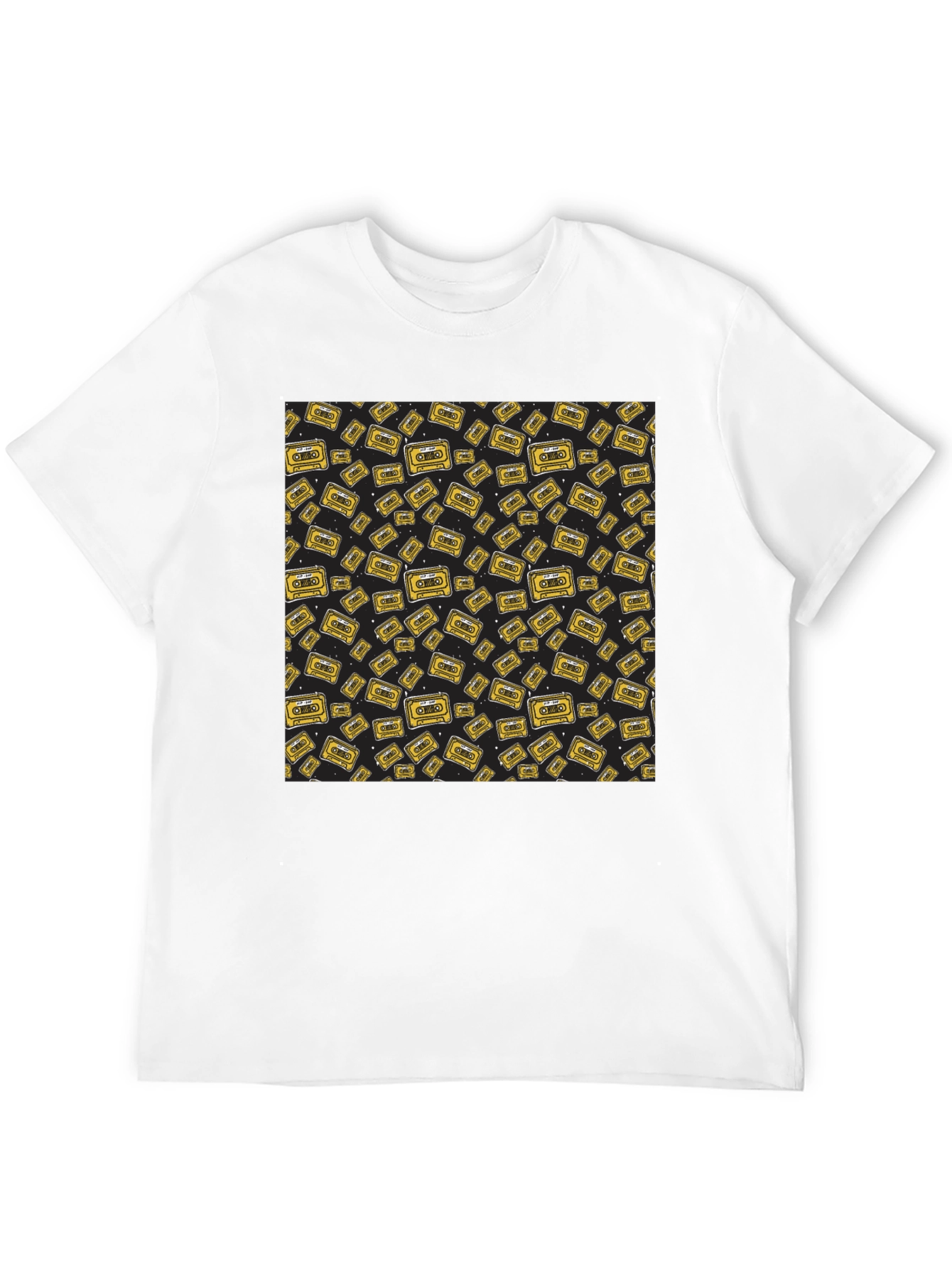 Retro Cassette Tape Pattern Black T-Shirt