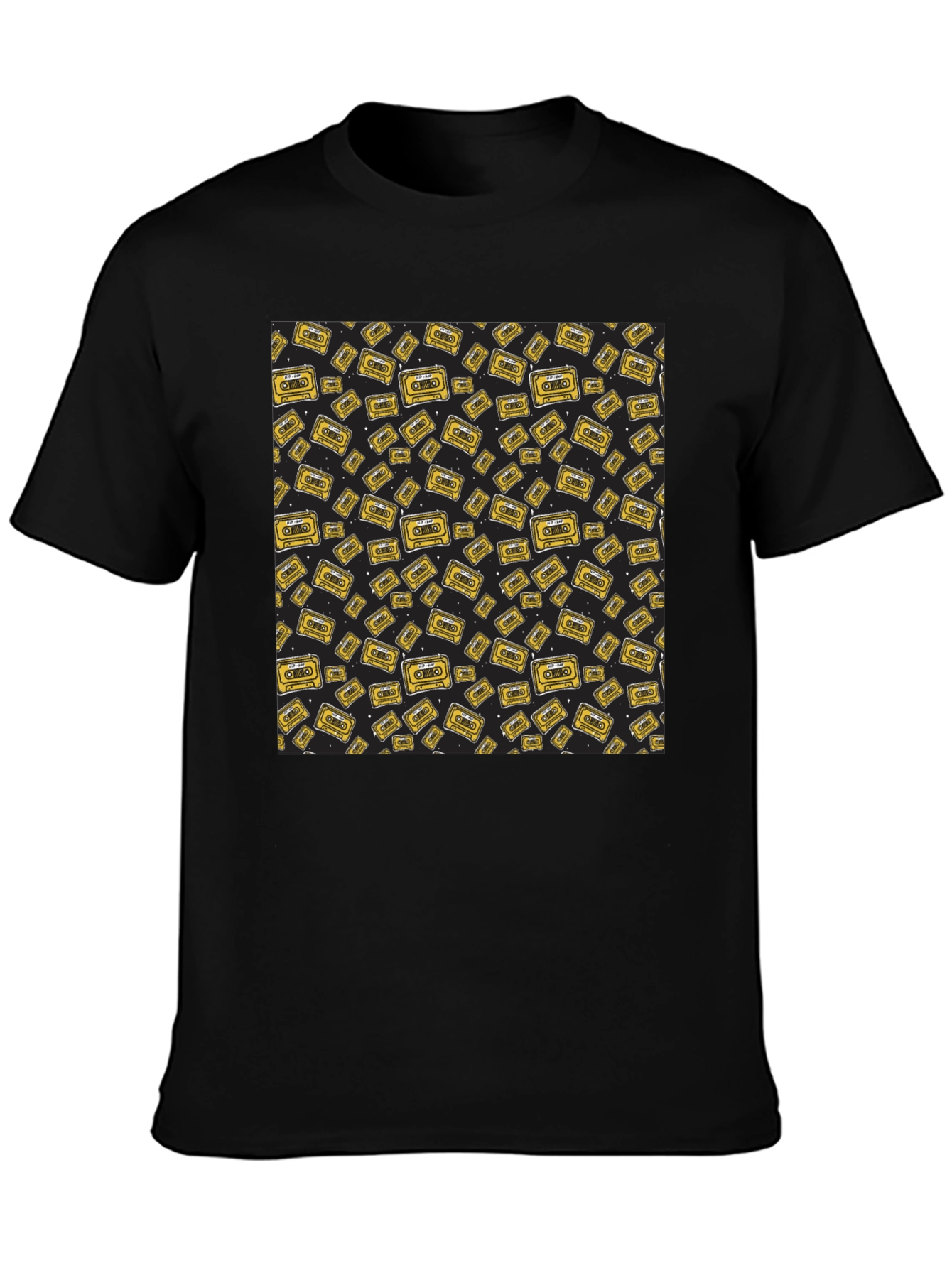 Retro Cassette Tape Pattern Black T-Shirt