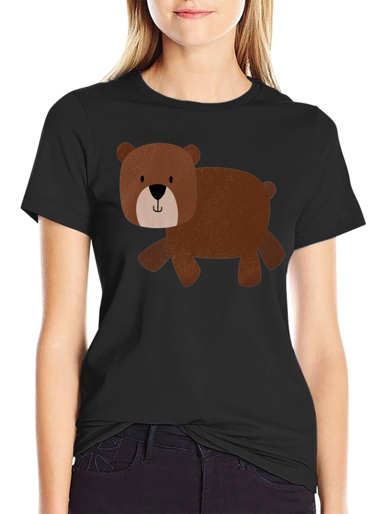Cute Bear Graphic Tee - Black Cotton Blend