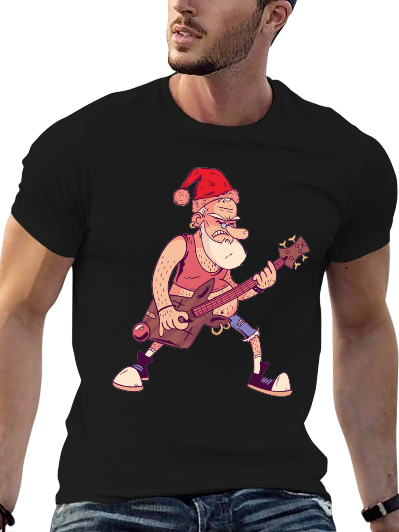 Santa Rocks Black T-Shirt - Holiday Music Gift