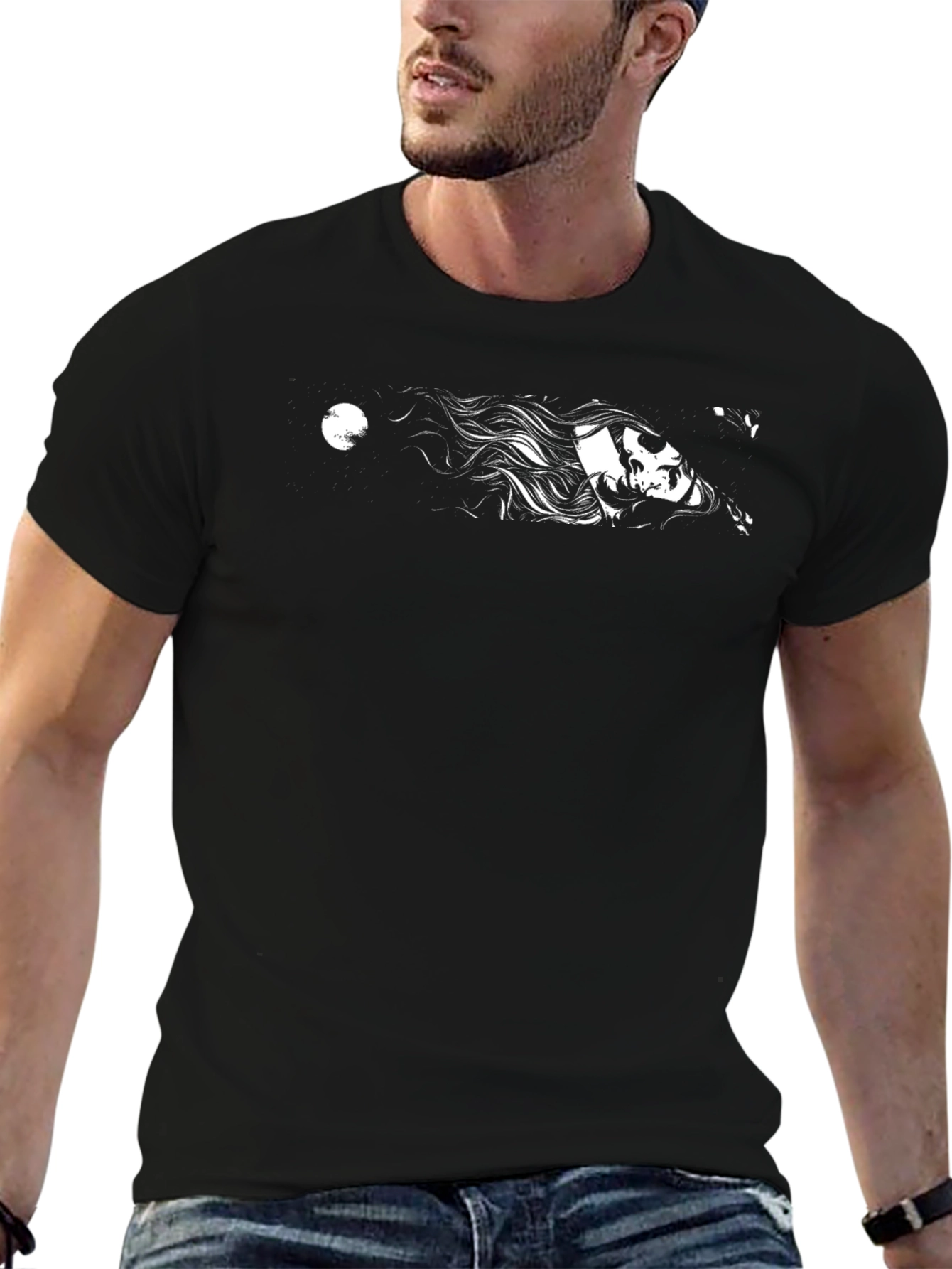Black Graphic Tee - Woman and Moon Design