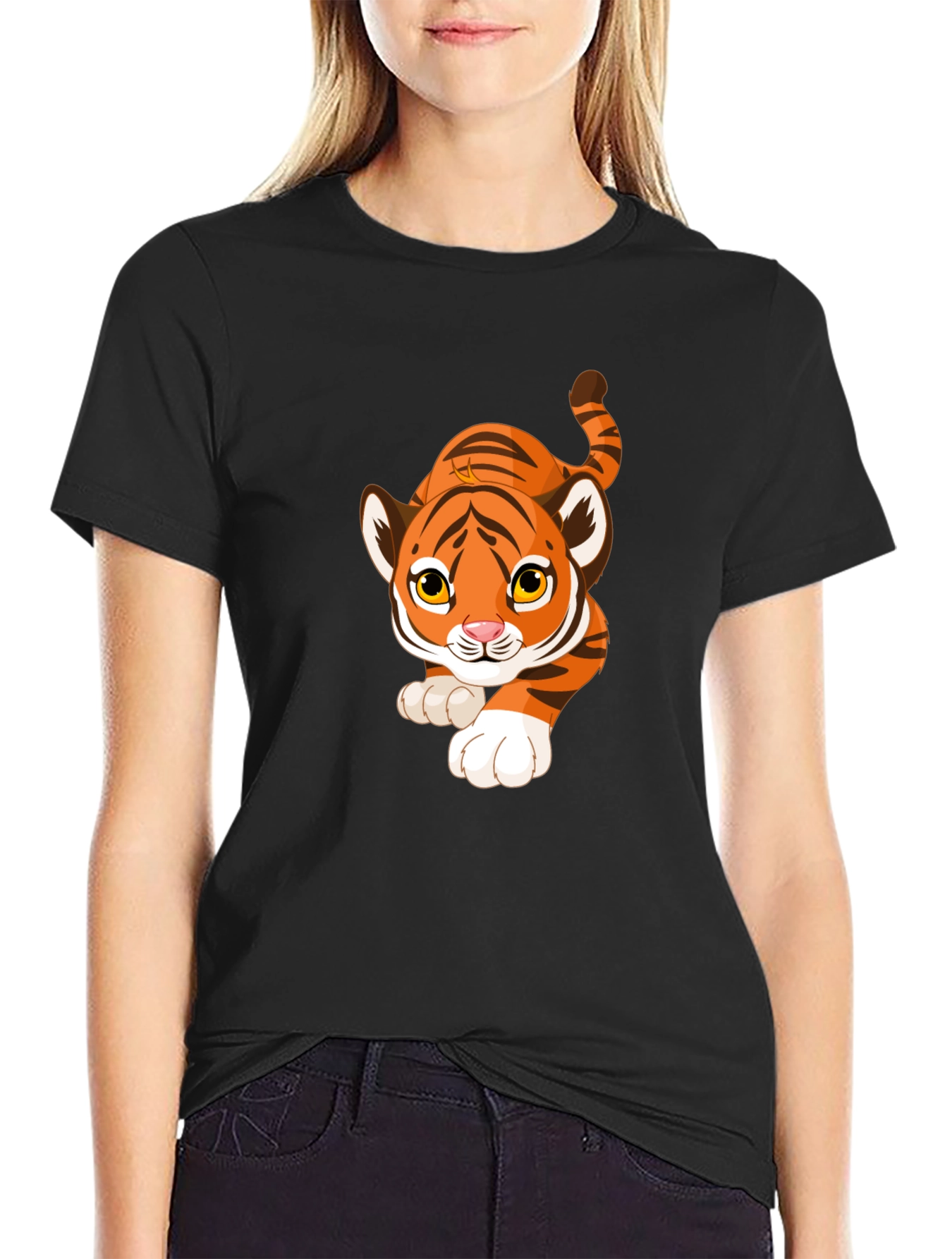 Cartoon Tiger Graphic Black T-Shirt
