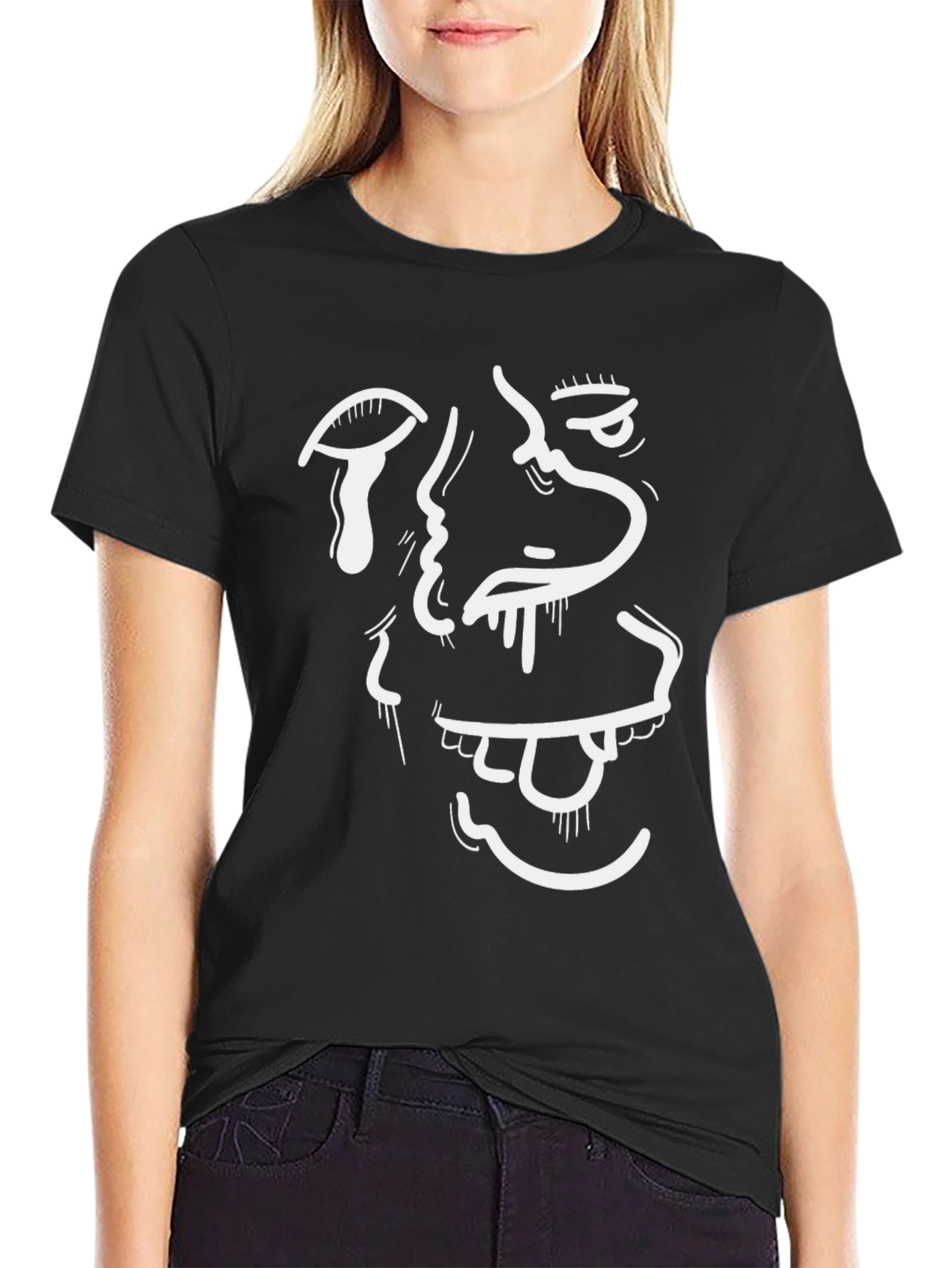 Abstract Face Graphic Tee - Black Cotton