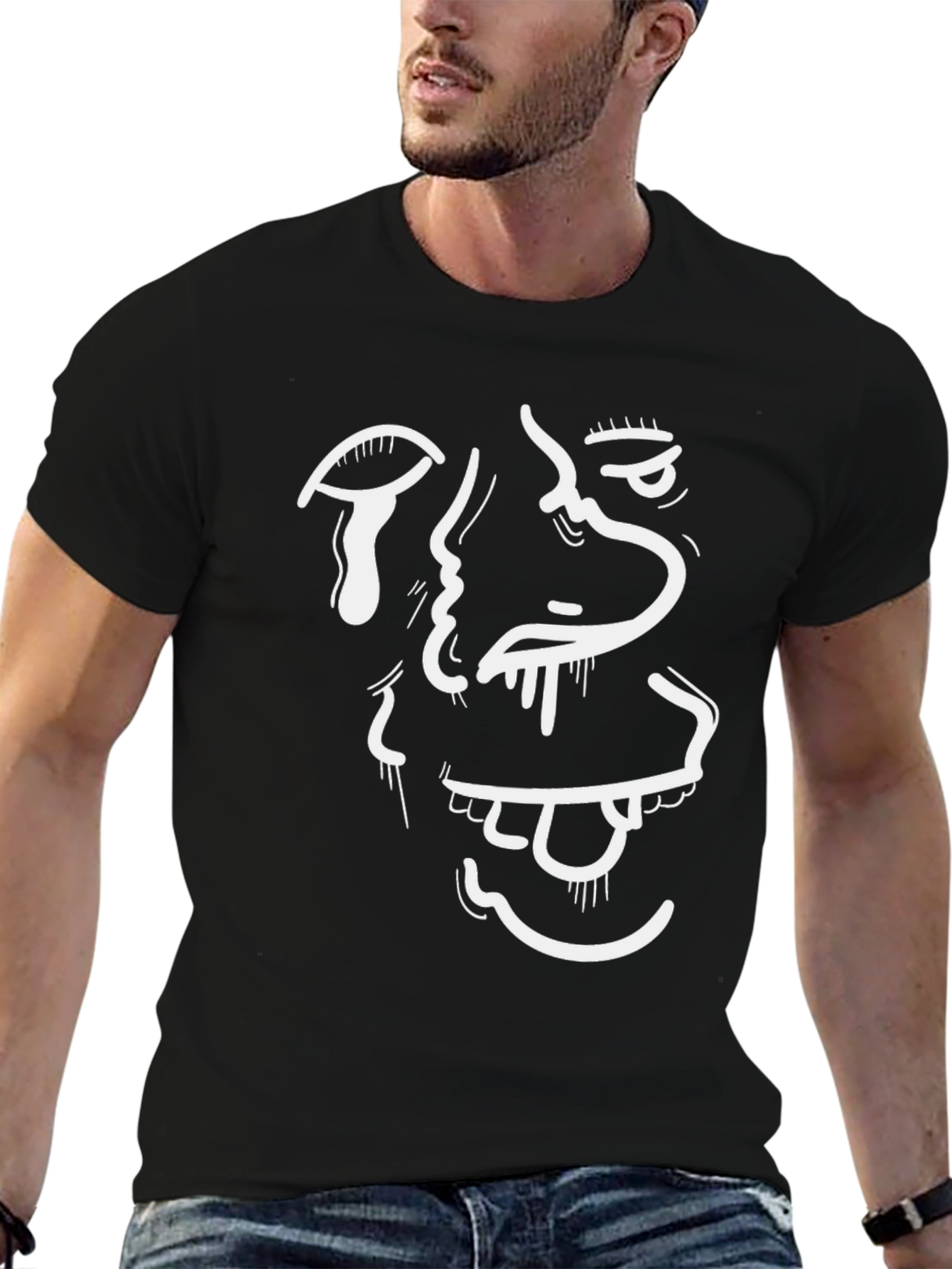 Abstract Face Graphic Tee - Black Cotton