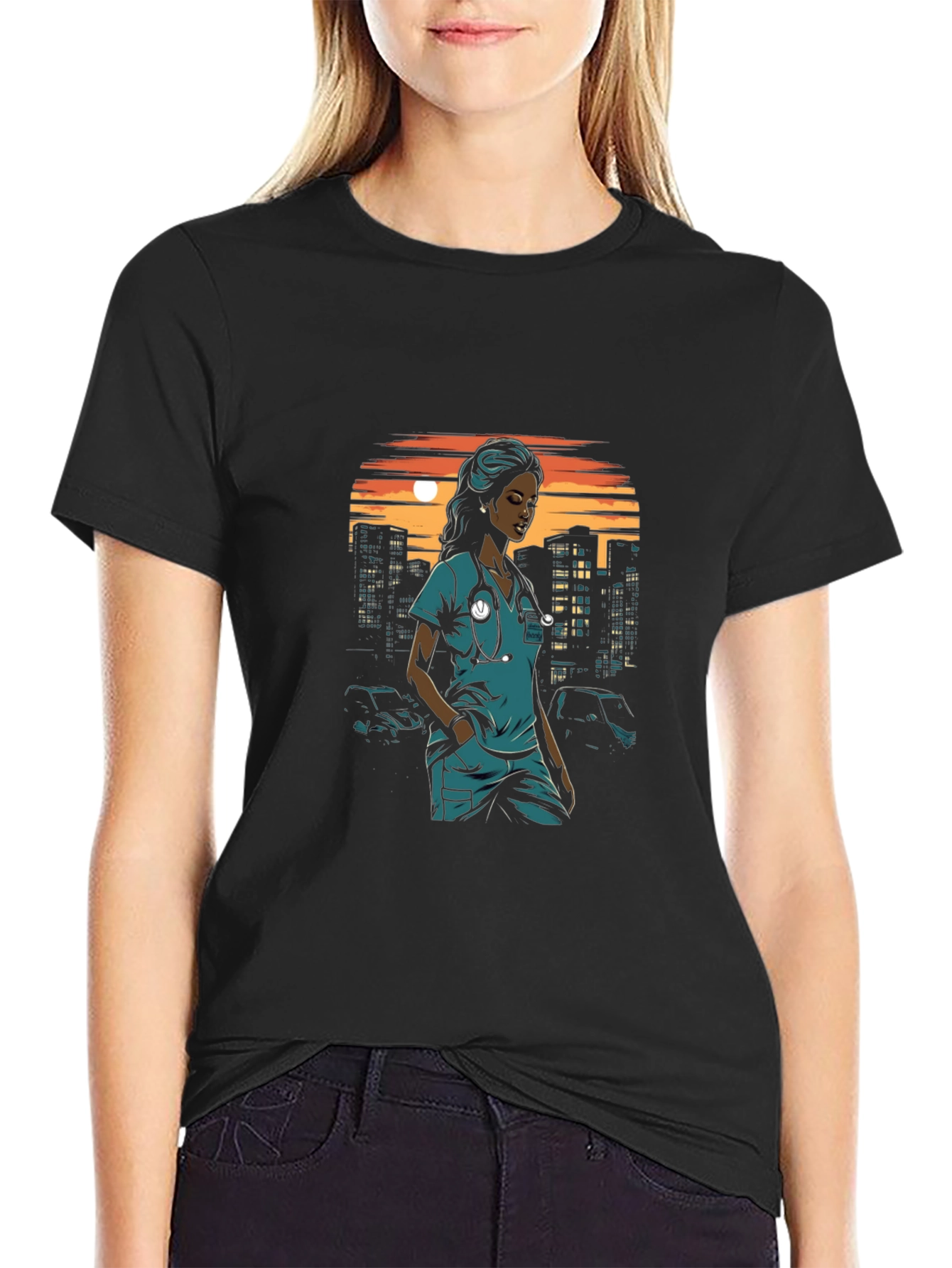 Nurse Cityscape Graphic Tee - Black