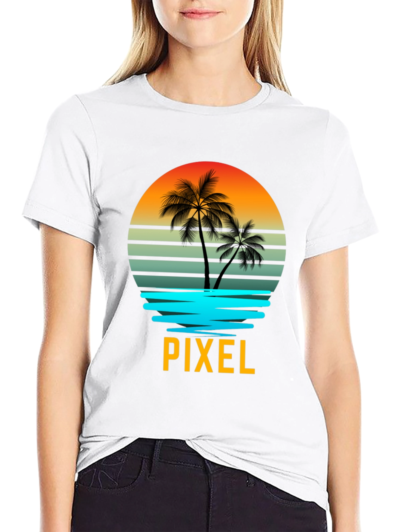 Pixel Sunset Palm Tree Graphic T-Shirt