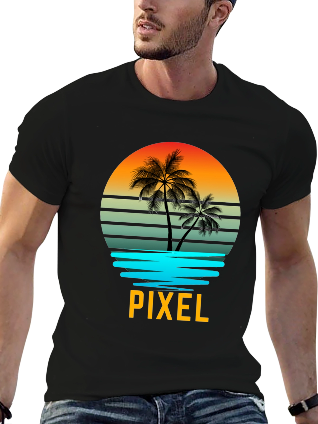Pixel Sunset Palm Tree Graphic T-Shirt