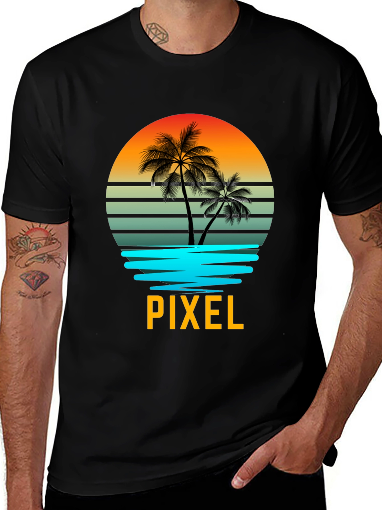 Pixel Sunset Palm Tree Graphic T-Shirt
