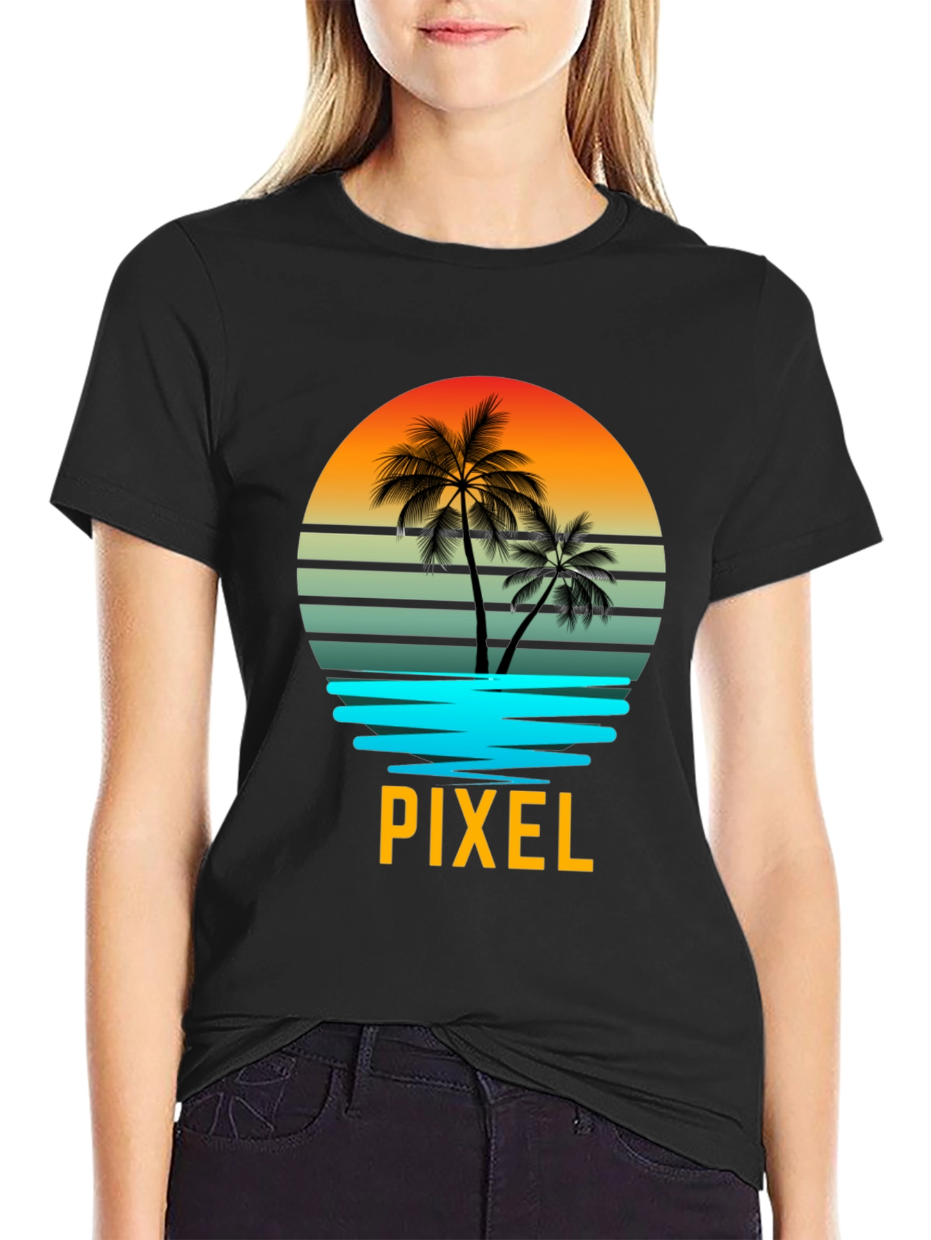 Pixel Sunset Palm Tree Graphic T-Shirt