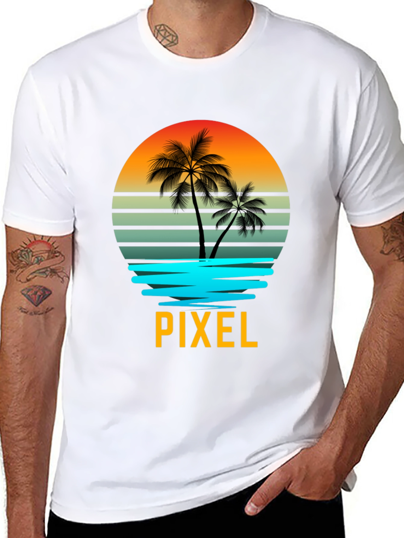Pixel Sunset Palm Tree Graphic T-Shirt