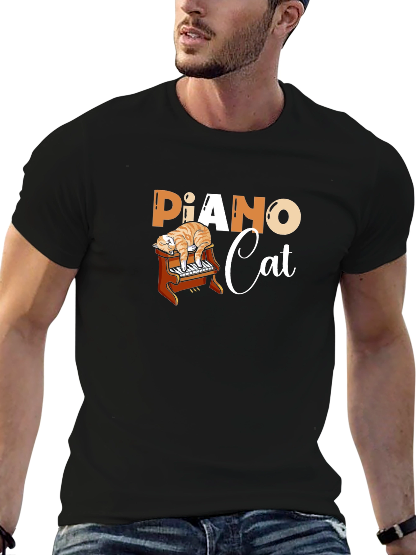 Piano Cat Black Graphic T-Shirt
