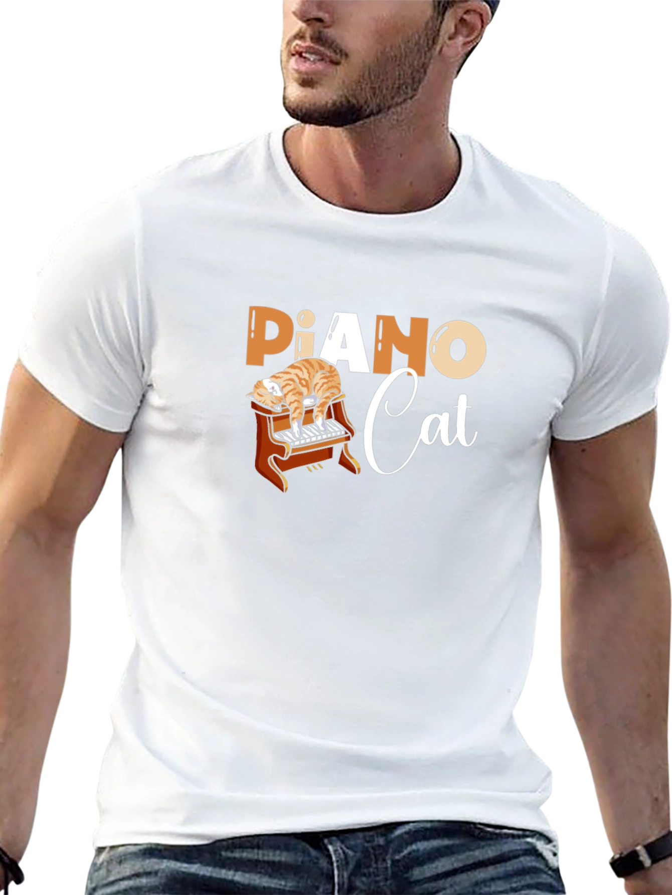 Piano Cat Black Graphic T-Shirt