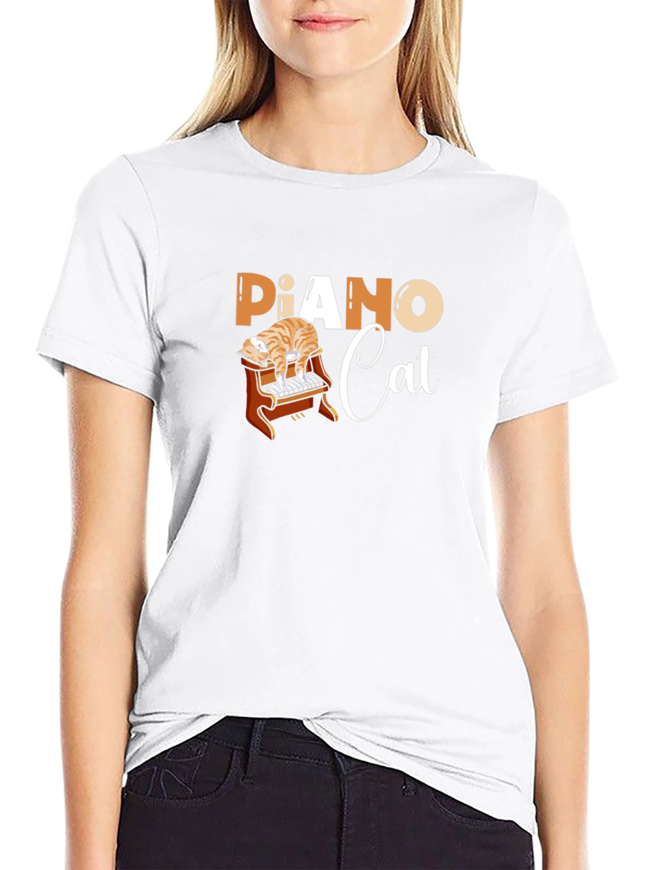 Piano Cat Black Graphic T-Shirt