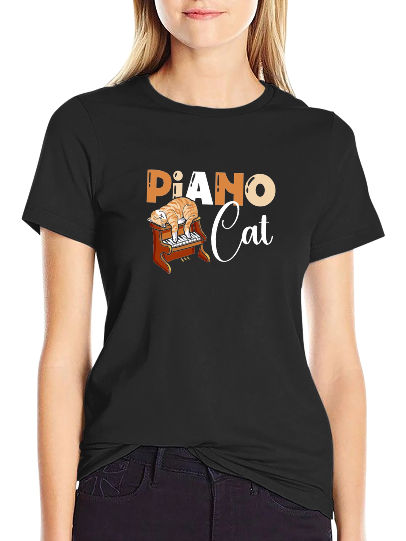 Piano Cat Black Graphic T-Shirt