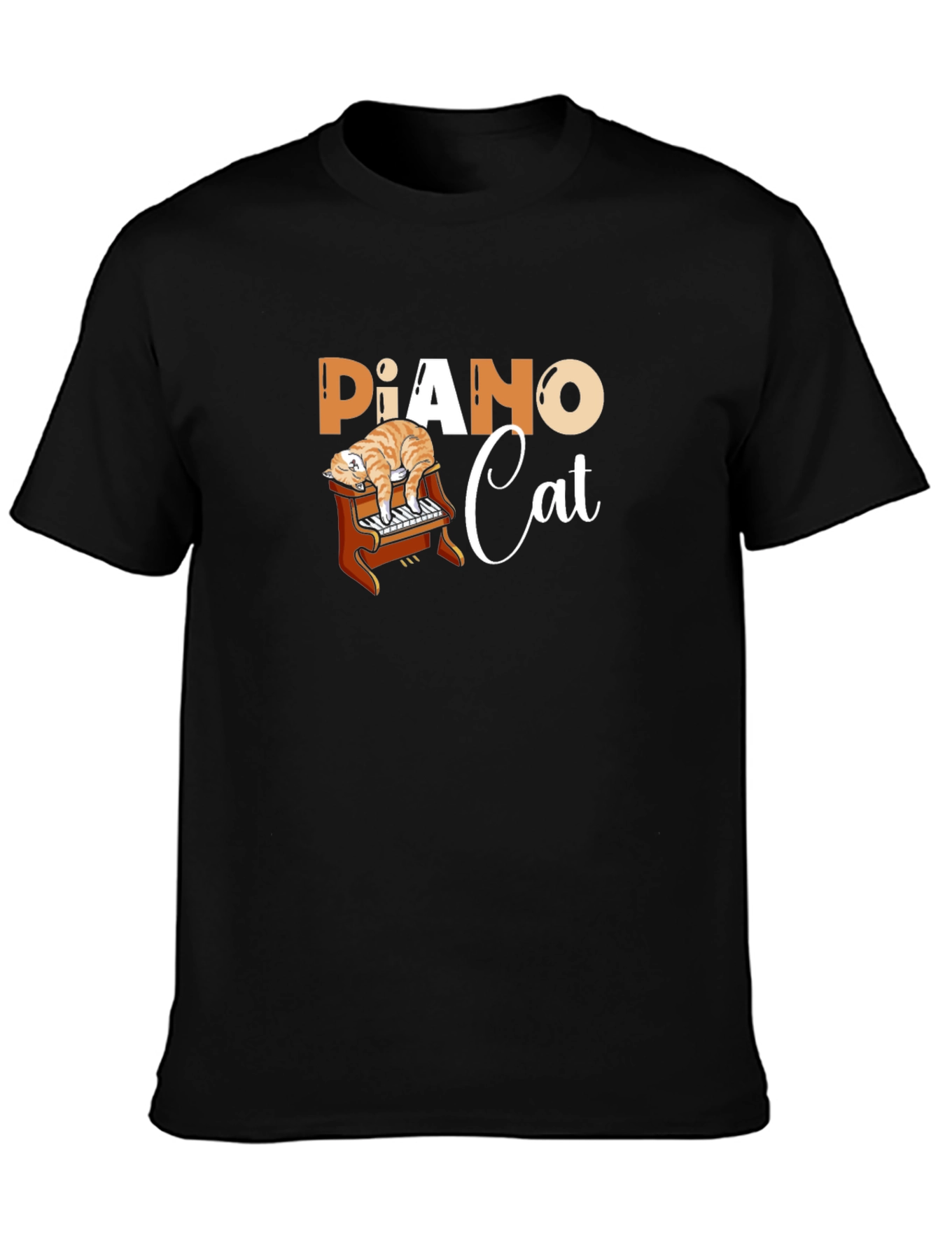 Piano Cat Black Graphic T-Shirt