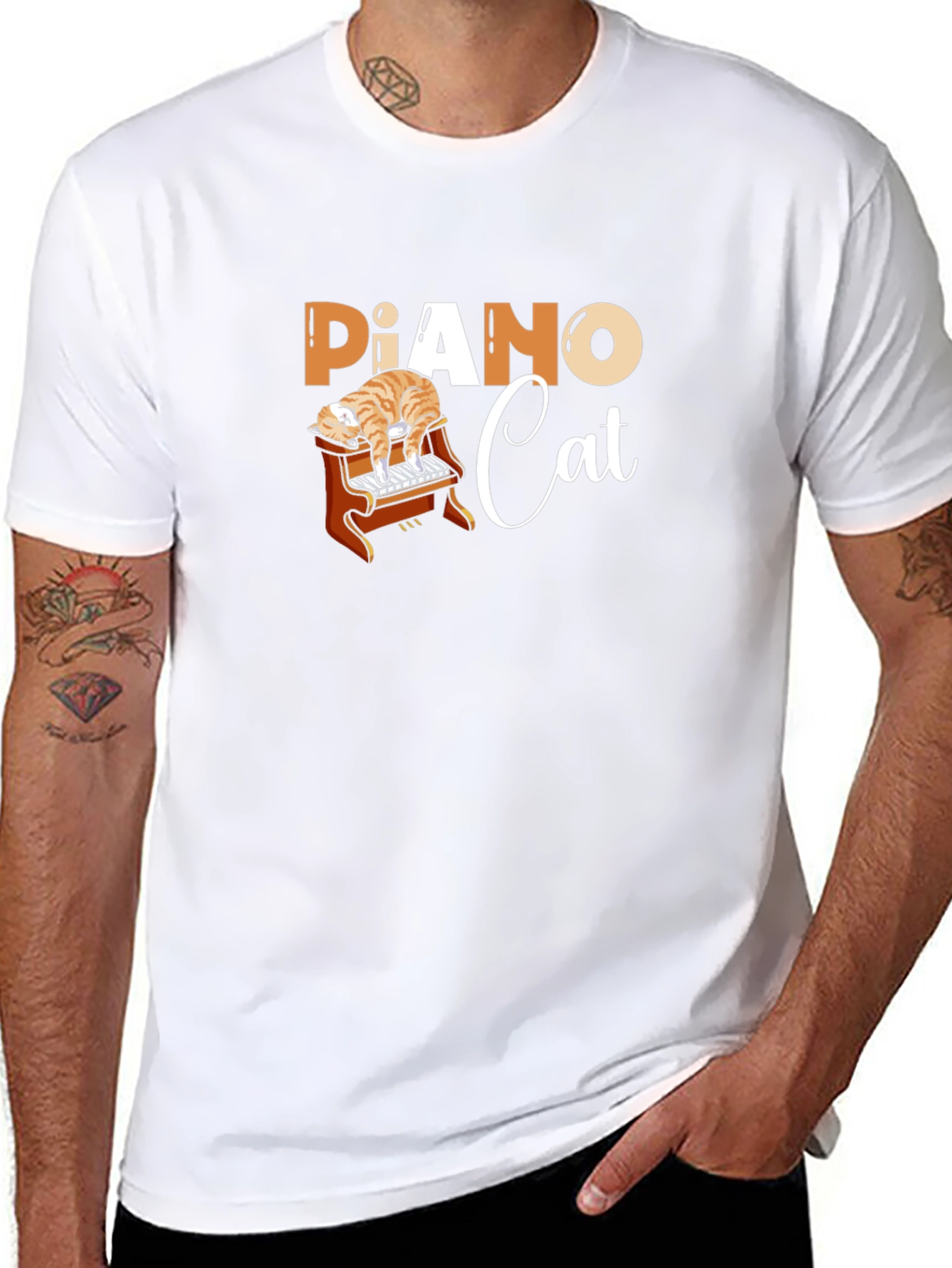 Piano Cat Black Graphic T-Shirt