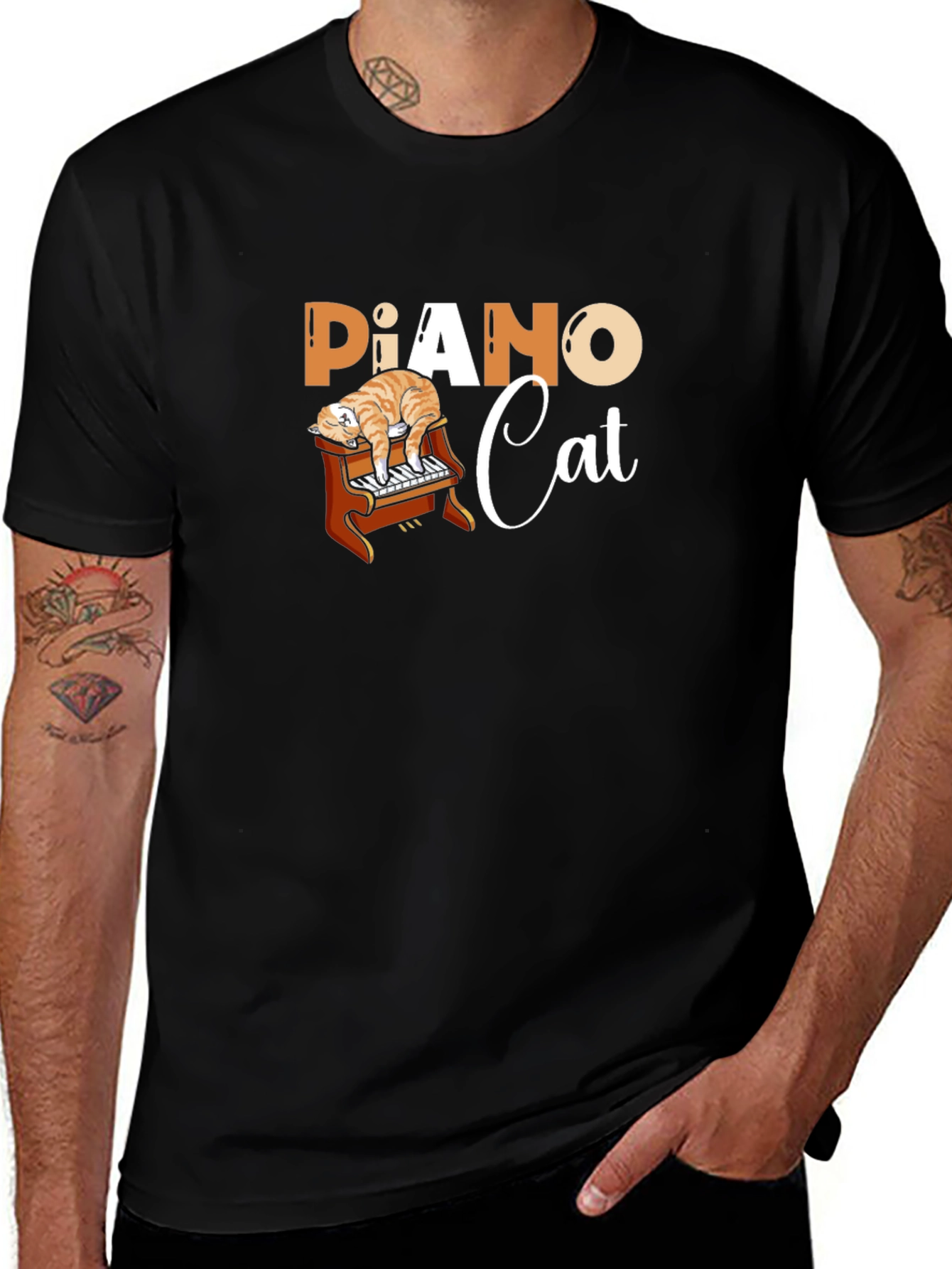 Piano Cat Black Graphic T-Shirt