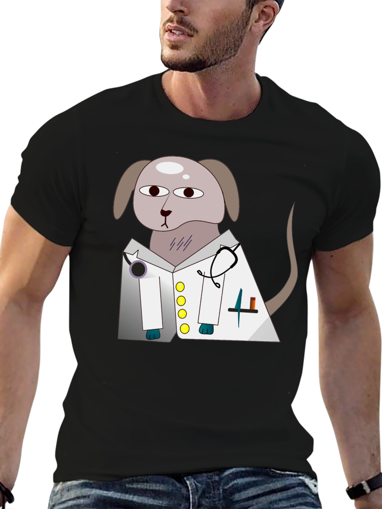 Vet Dog Cartoon Graphic T-Shirt - Black