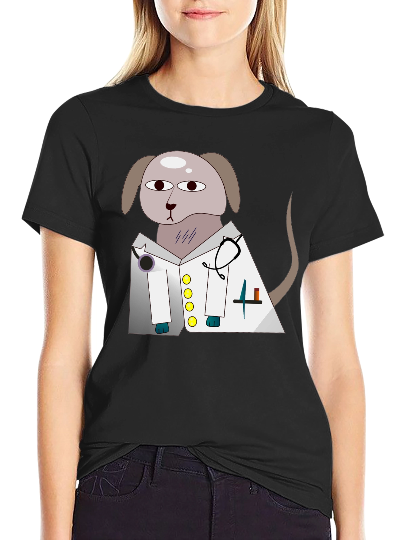 Vet Dog Cartoon Graphic T-Shirt - Black