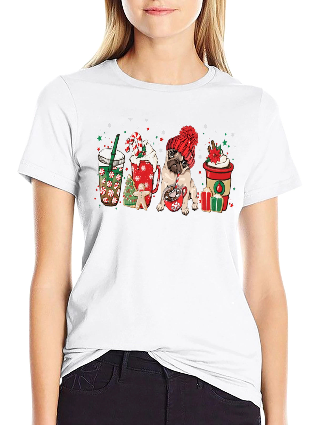 Festive Pug & Coffee Graphic Tee - Holiday Style!