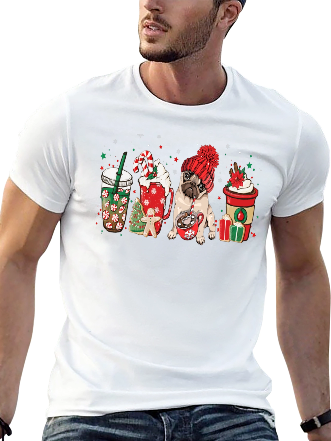 Festive Pug & Coffee Graphic Tee - Holiday Style!