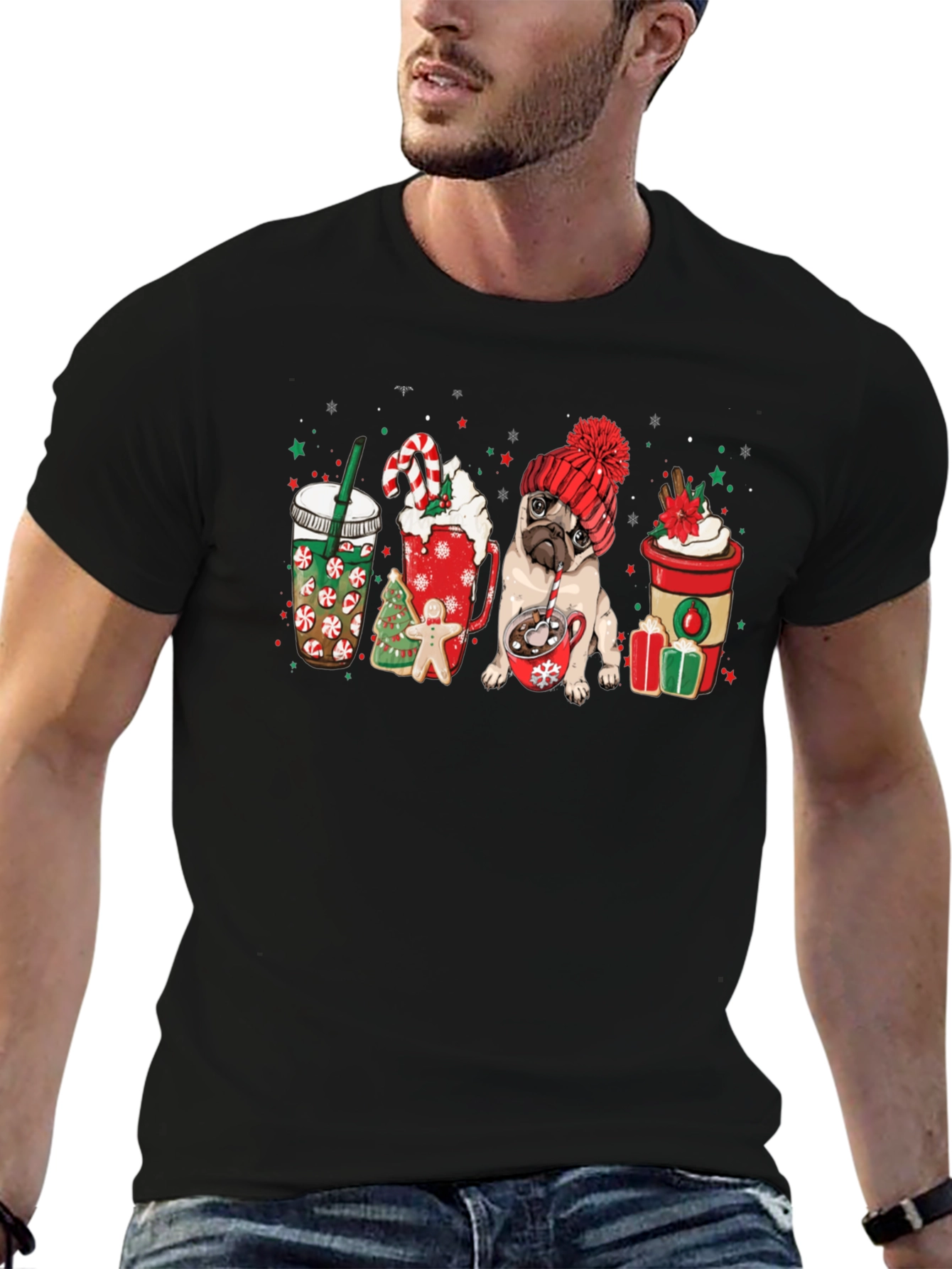Festive Pug & Coffee Graphic Tee - Holiday Style!