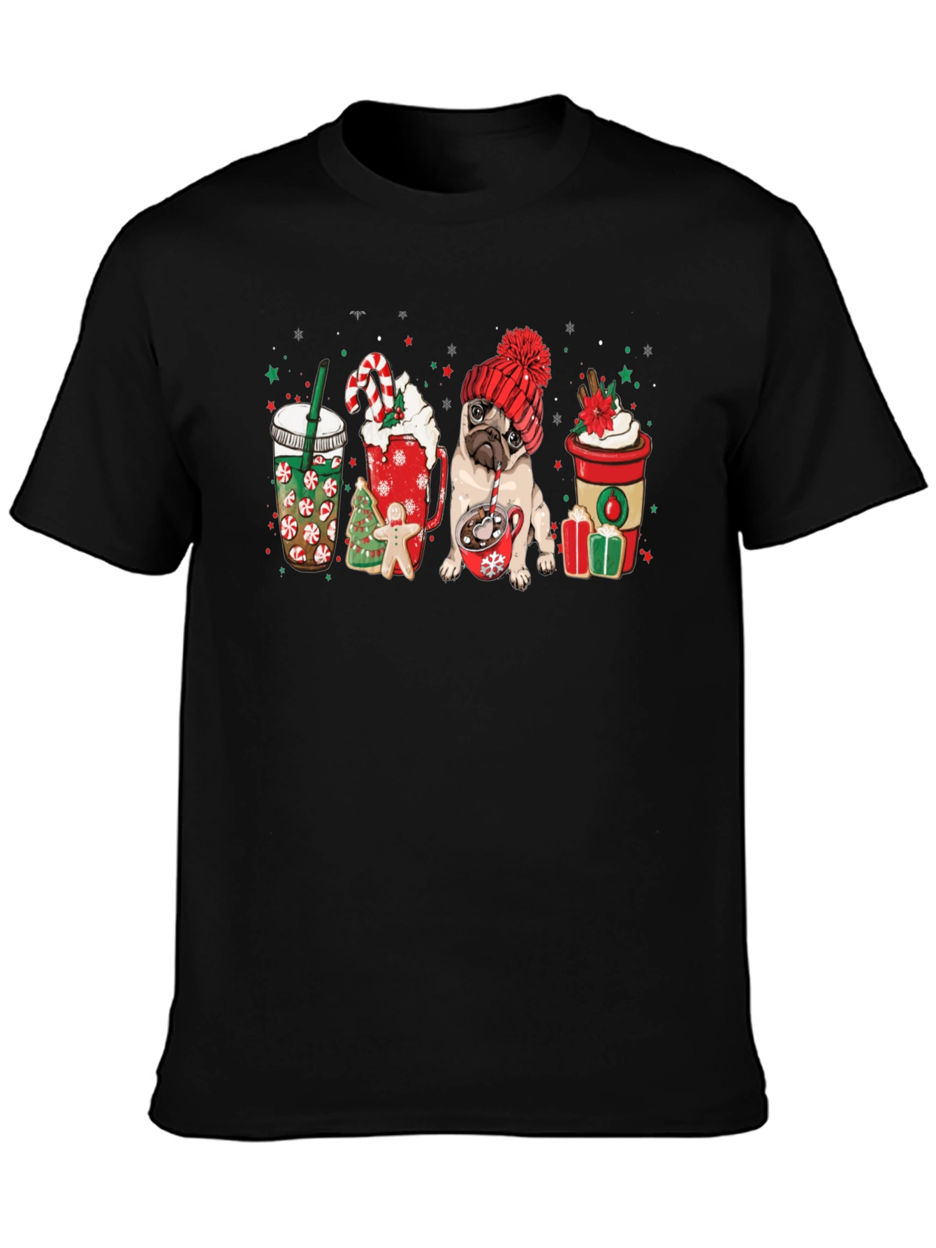 Festive Pug & Coffee Graphic Tee - Holiday Style!