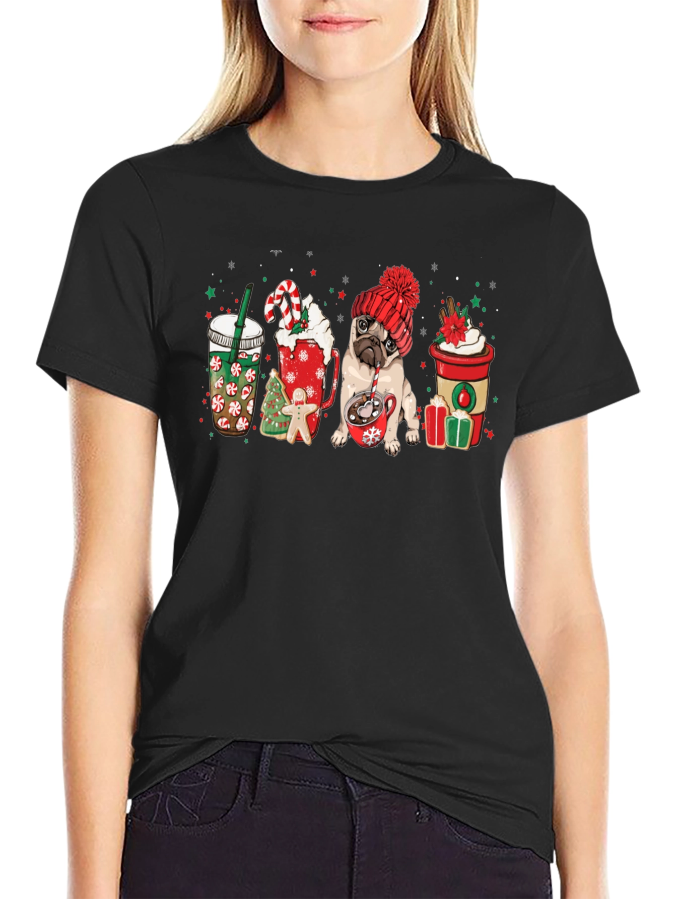 Festive Pug & Coffee Graphic Tee - Holiday Style!