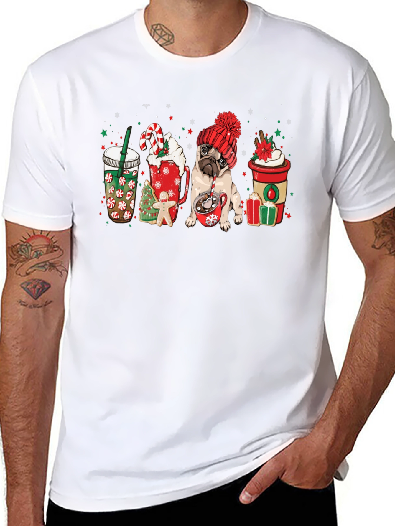 Festive Pug & Coffee Graphic Tee - Holiday Style!