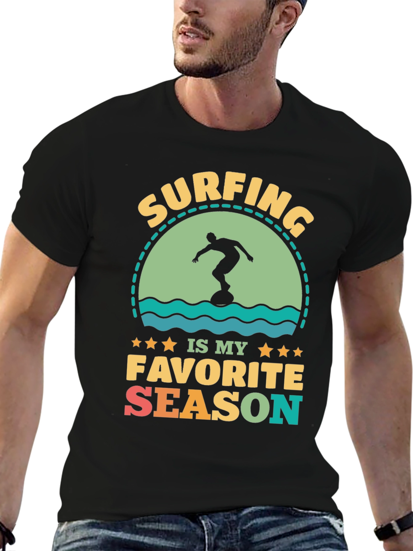 Surfing Is My Favorite Season Black Graphic Tee