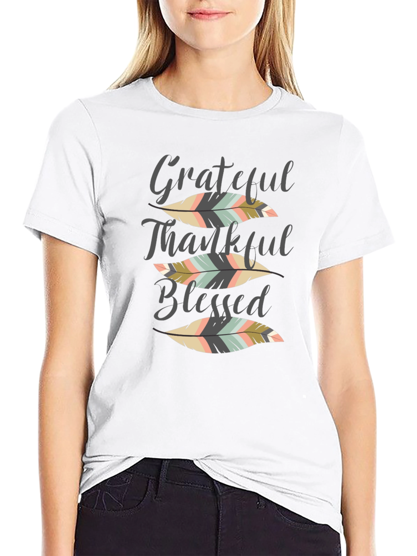 Grateful Thankful Blessed Feather Graphic Tee