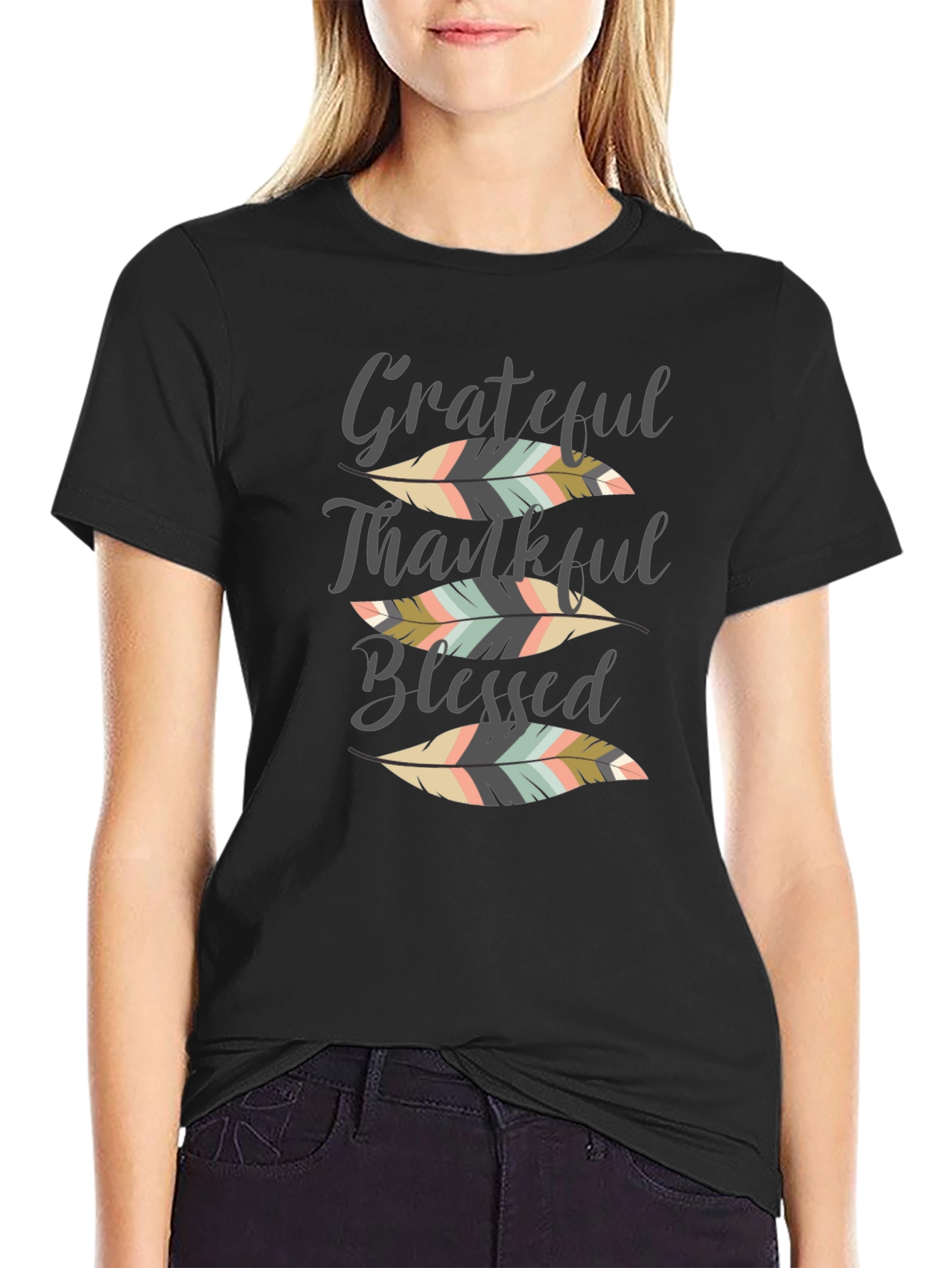 Grateful Thankful Blessed Feather Graphic Tee