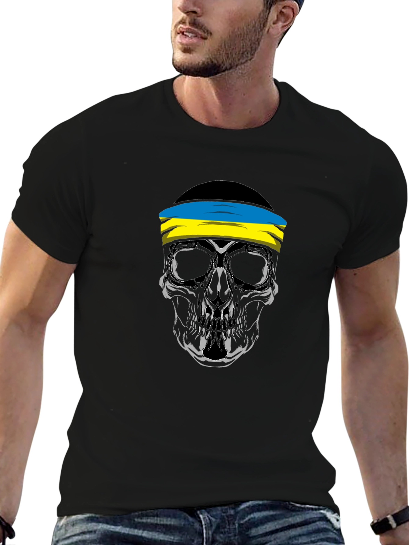 Skull Ukraine Flag Bandana Black T-Shirt