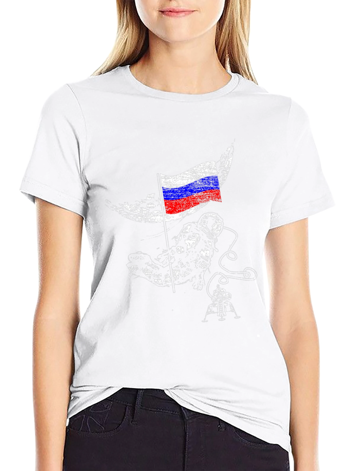 Astronaut & Russian Flag Graphic Black T-Shirt