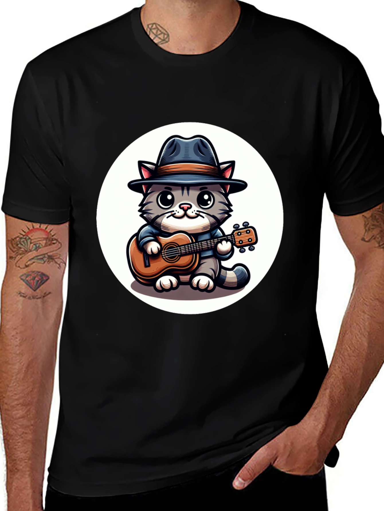 Cool Cat Guitar Player Graphic T-Shirt