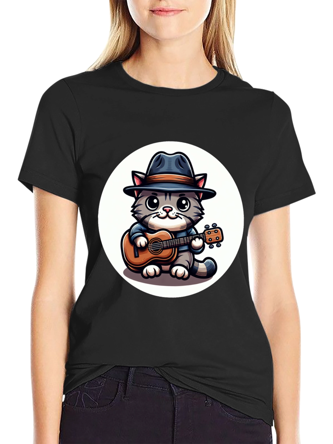 Cool Cat Guitar Player Graphic T-Shirt