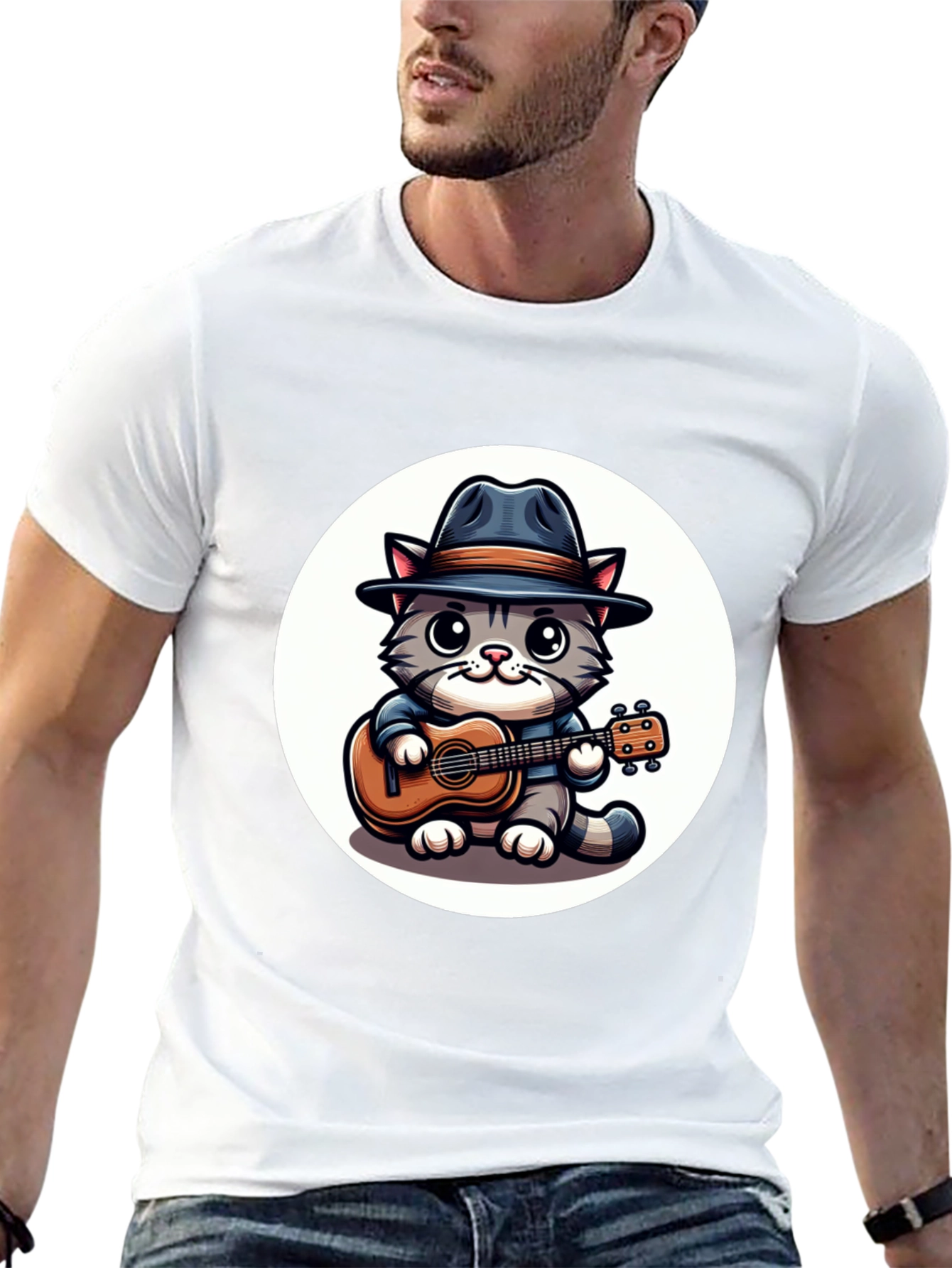 Cool Cat Guitar Player Graphic T-Shirt