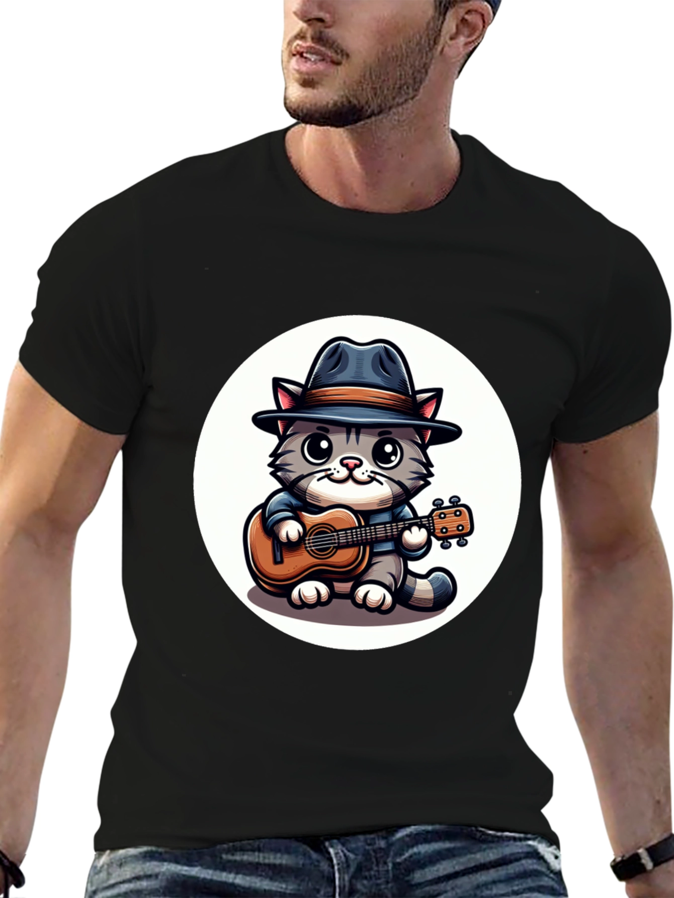 Cool Cat Guitar Player Graphic T-Shirt
