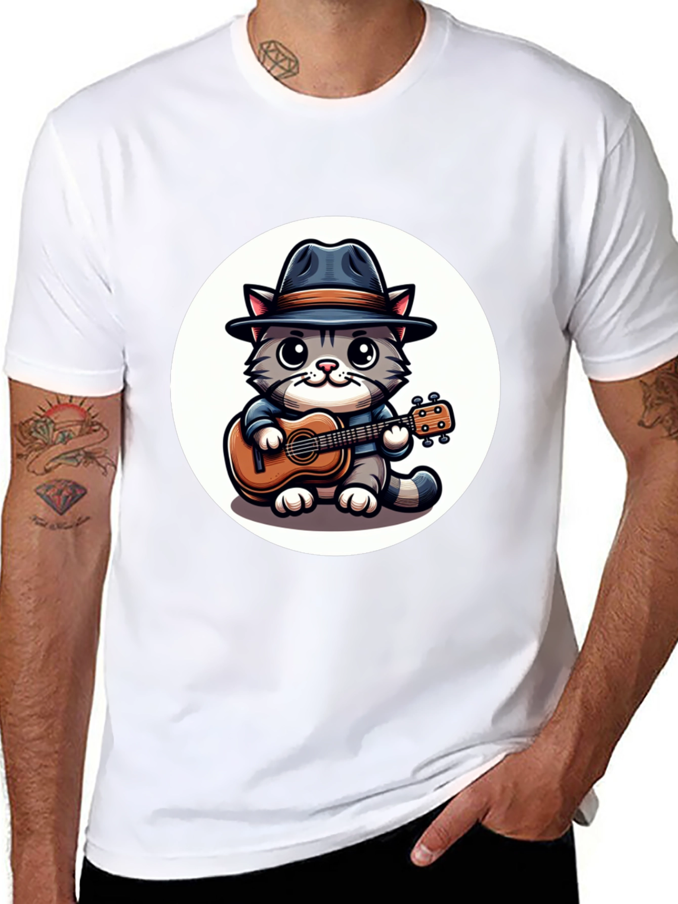 Cool Cat Guitar Player Graphic T-Shirt