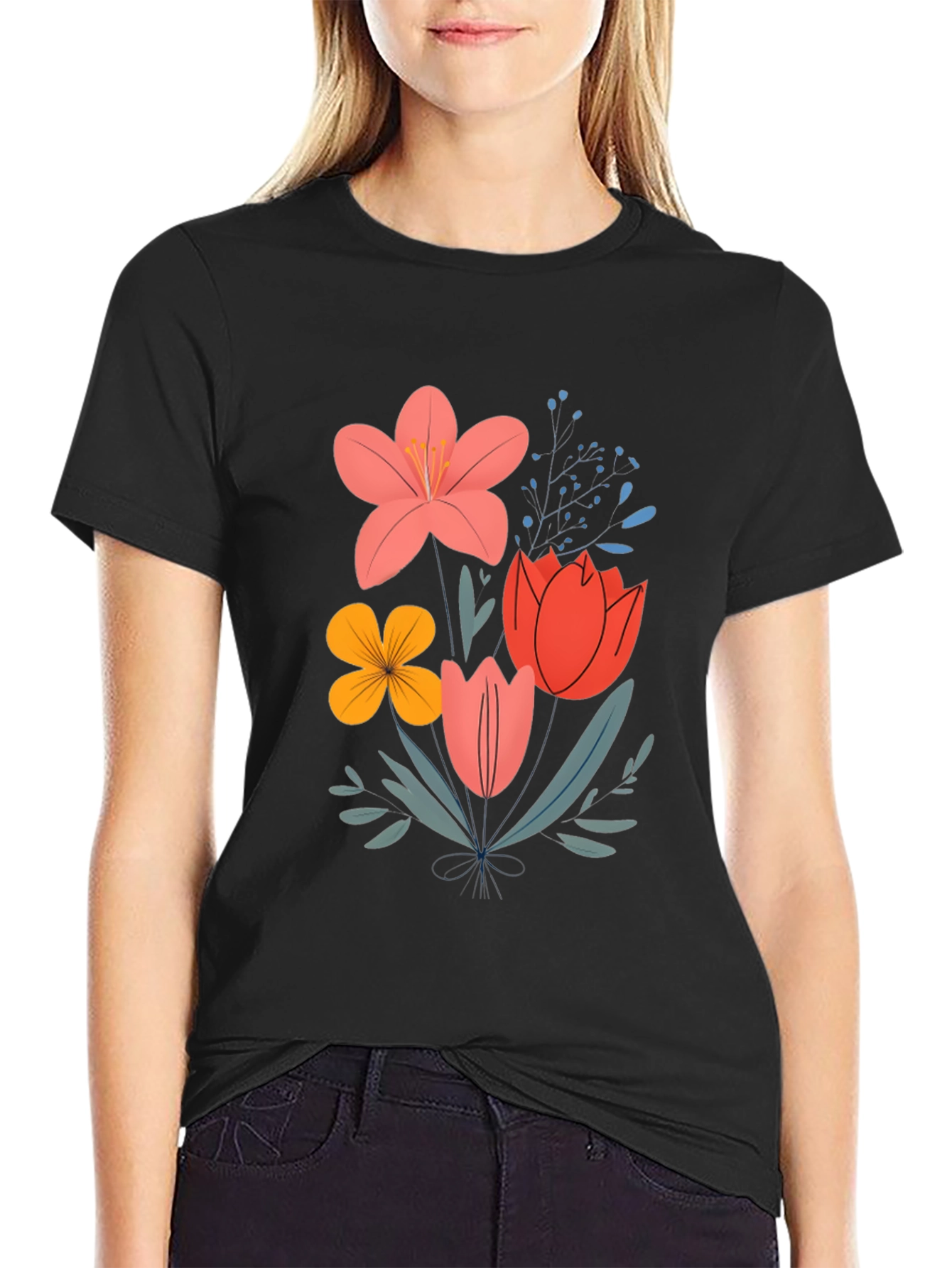 Floral Bouquet Graphic Tee - Trendy Botanical Design
