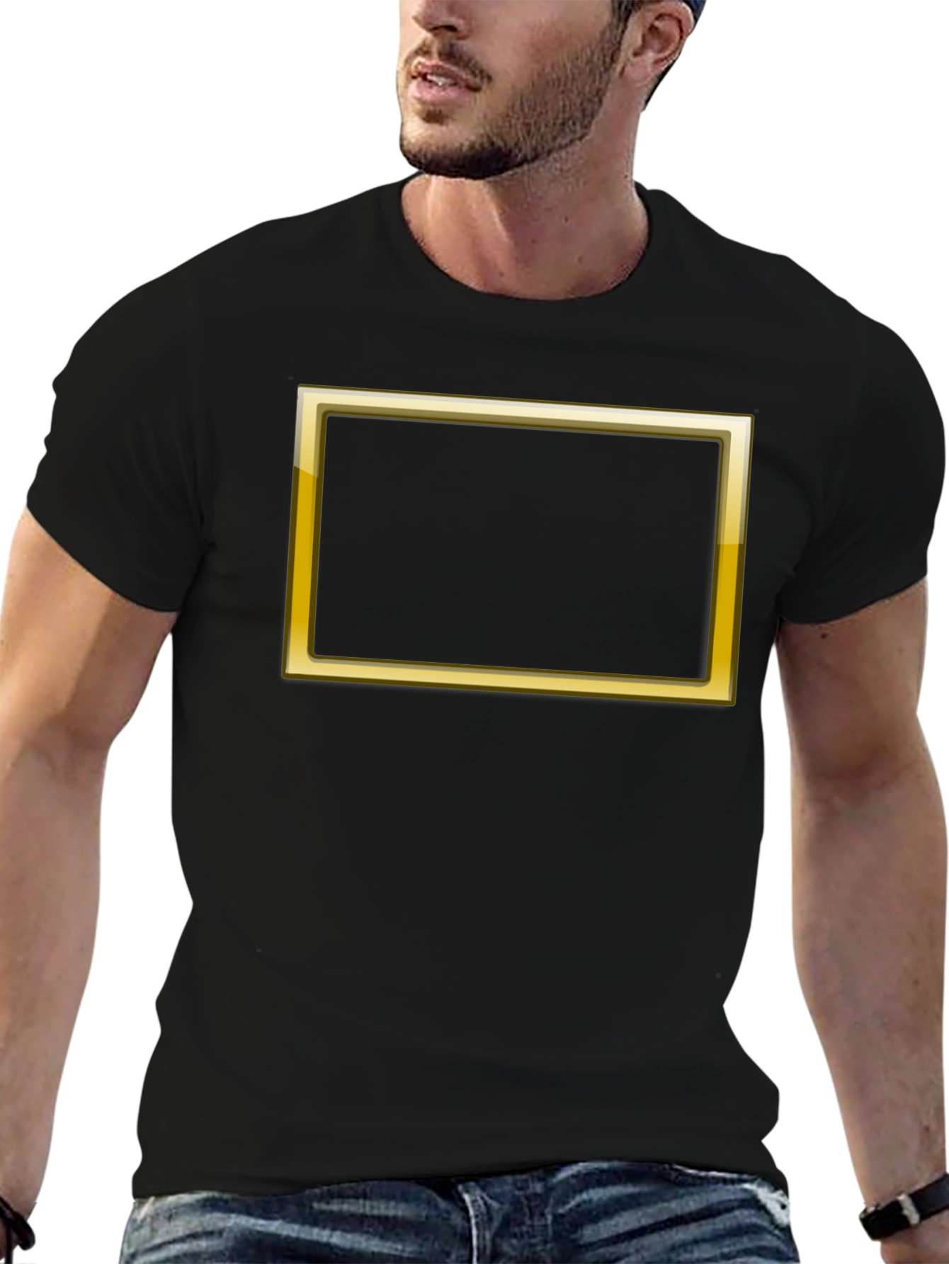 Black Graphic Tee with Gold Border Design