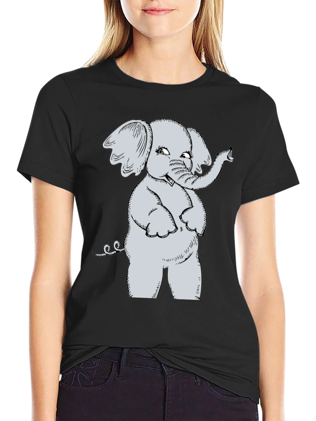 Cute Elephant Cartoon Black T-Shirt