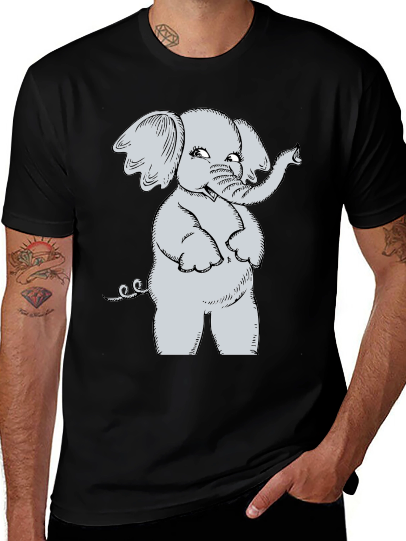Cute Elephant Cartoon Black T-Shirt