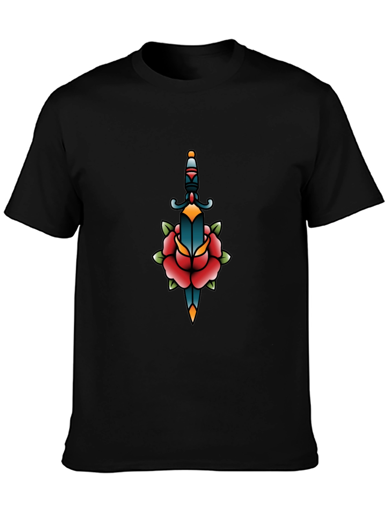 Black Graphic Tee - Dagger & Rose Tattoo Design
